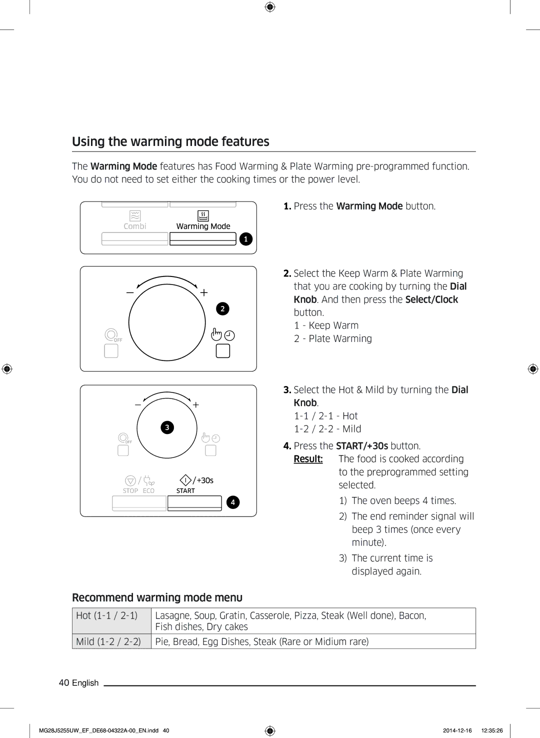 Samsung MG28J5255UW/EF manual Using the warming mode features, Recommend warming mode menu 