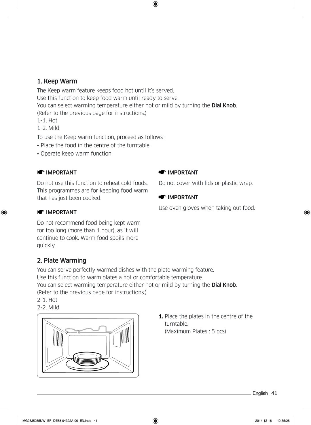 Samsung MG28J5255UW/EF manual Keep Warm, Plate Warming 