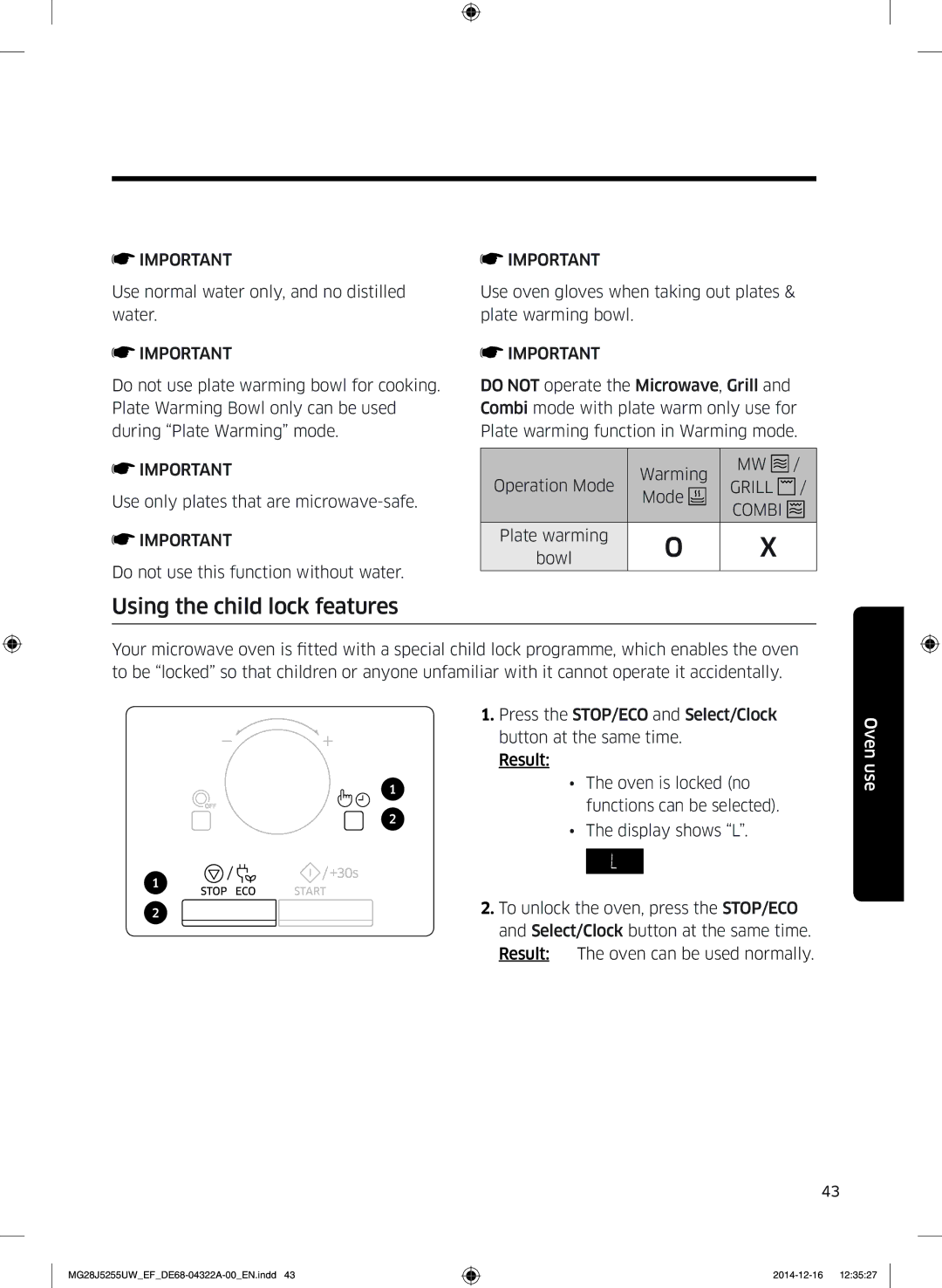 Samsung MG28J5255UW/EF manual Using the child lock features 