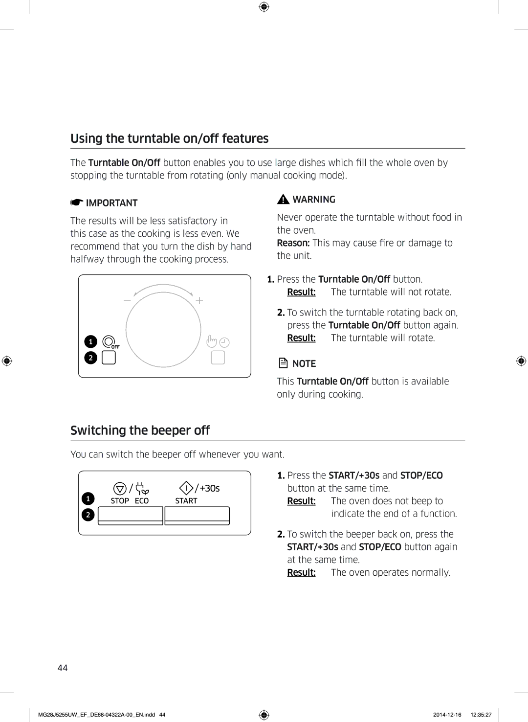 Samsung MG28J5255UW/EF manual Using the turntable on/off features, Switching the beeper off 