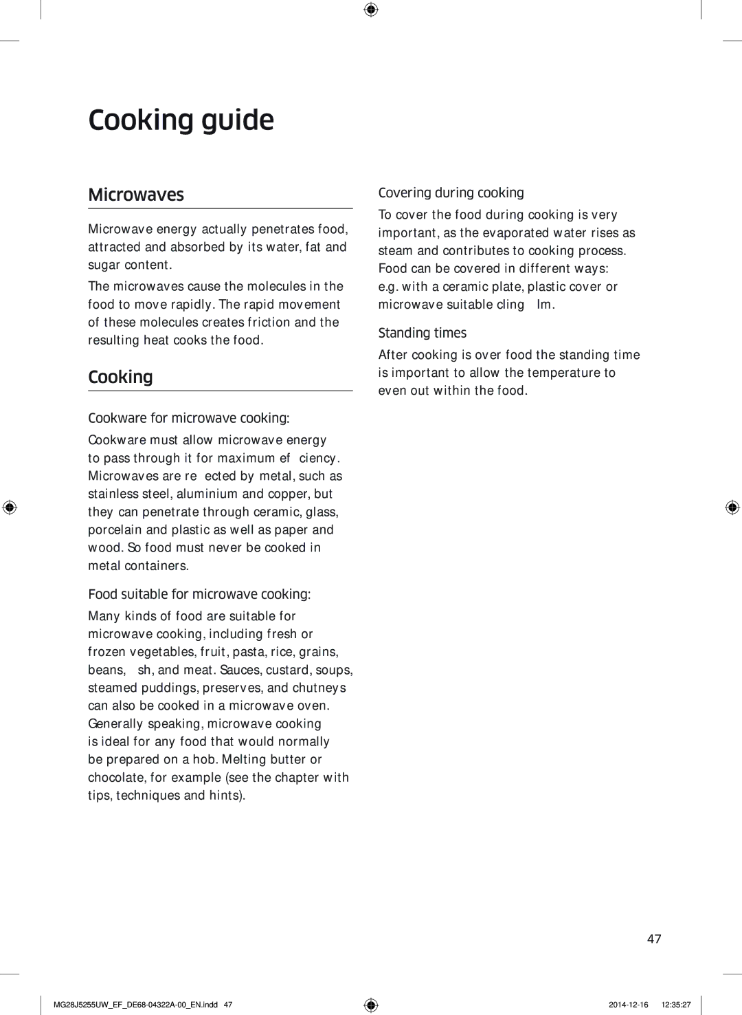 Samsung MG28J5255UW/EF manual Cooking guide, Microwaves 