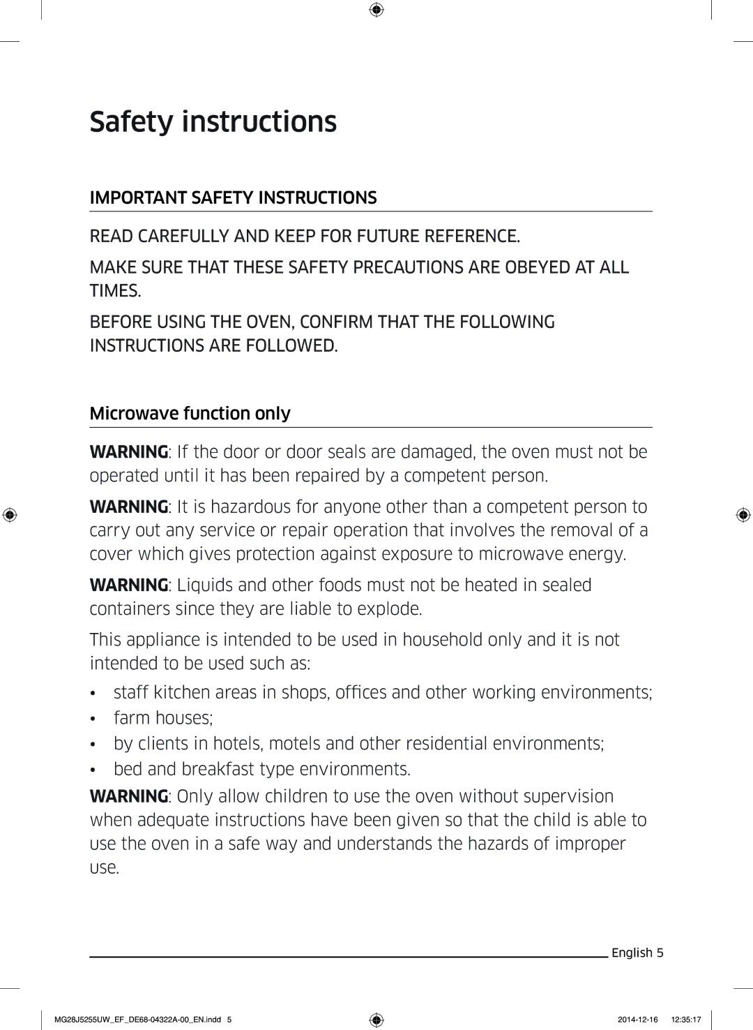 Samsung MG28J5255UW/EF manual Safety instructions 