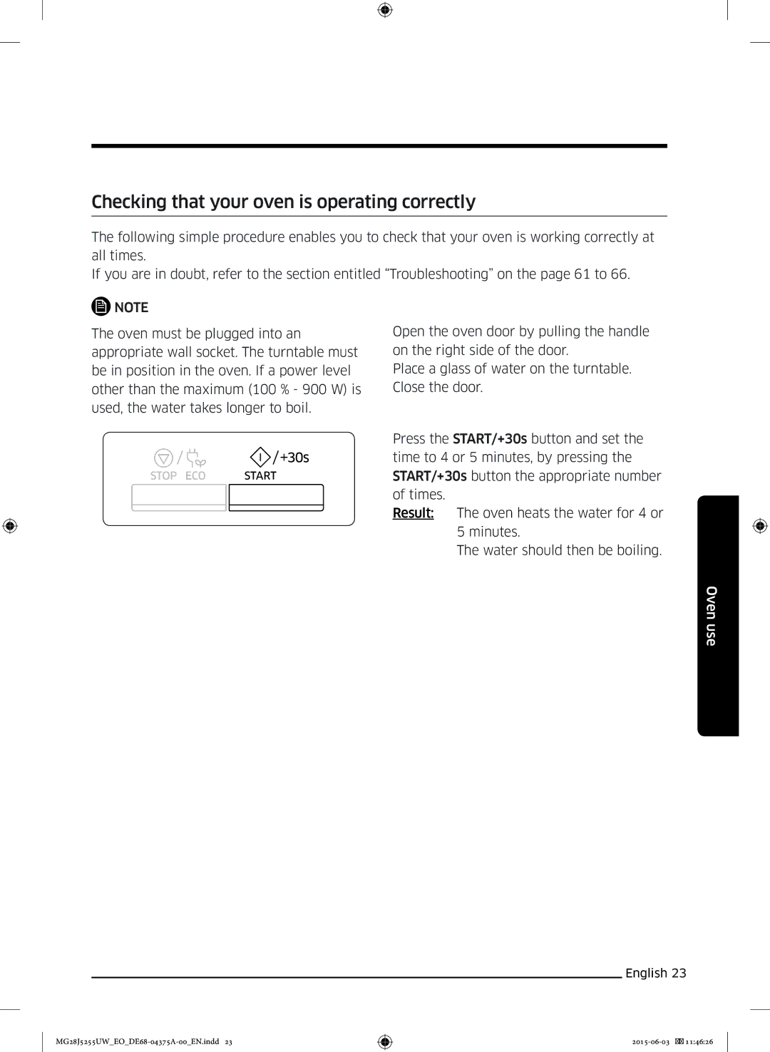 Samsung MG28J5255UW/EO, MG28J5255UW/ET manual Checking that your oven is operating correctly 