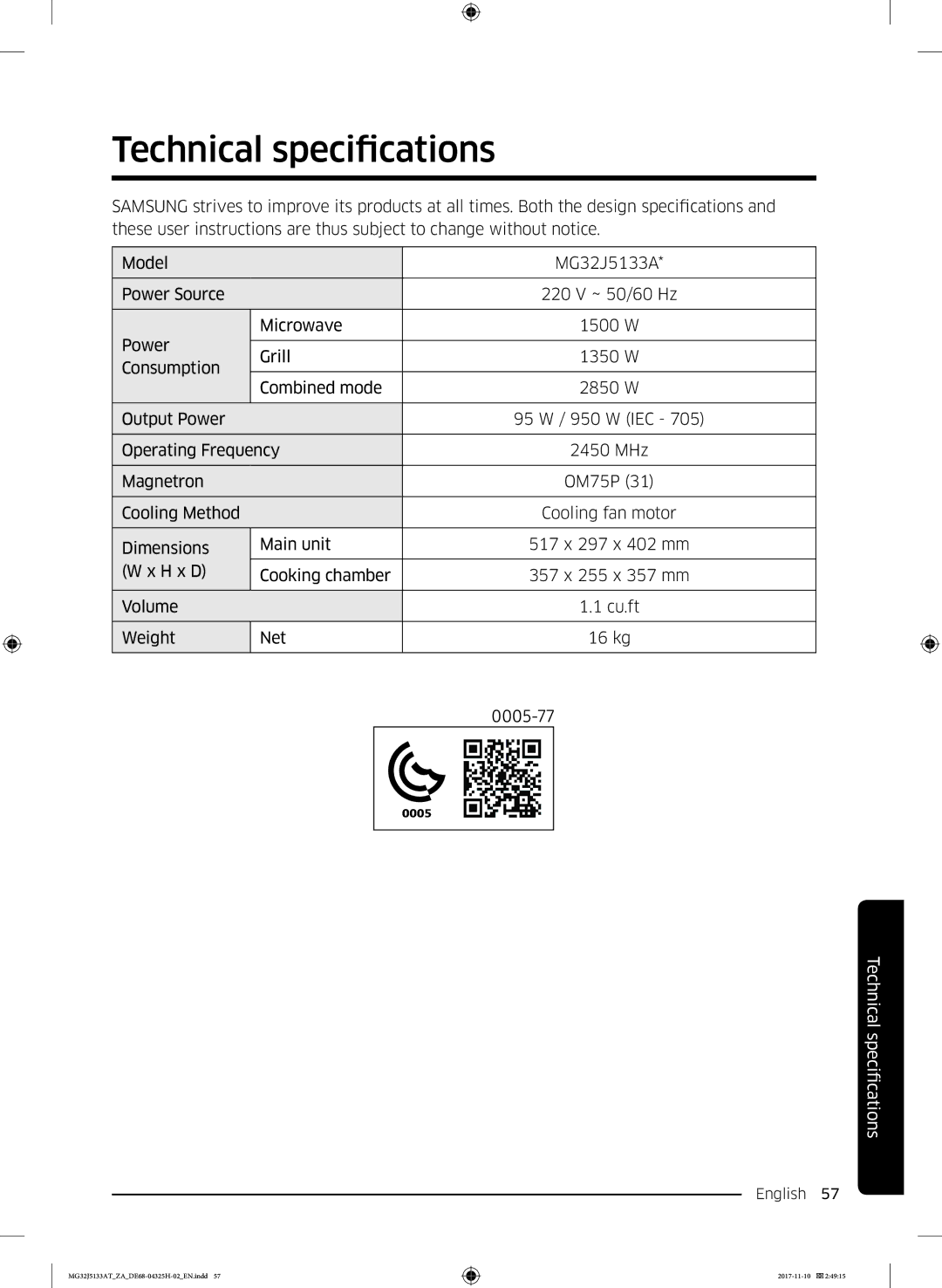 Samsung MG32J5133AT/ZA manual Technical specifications 