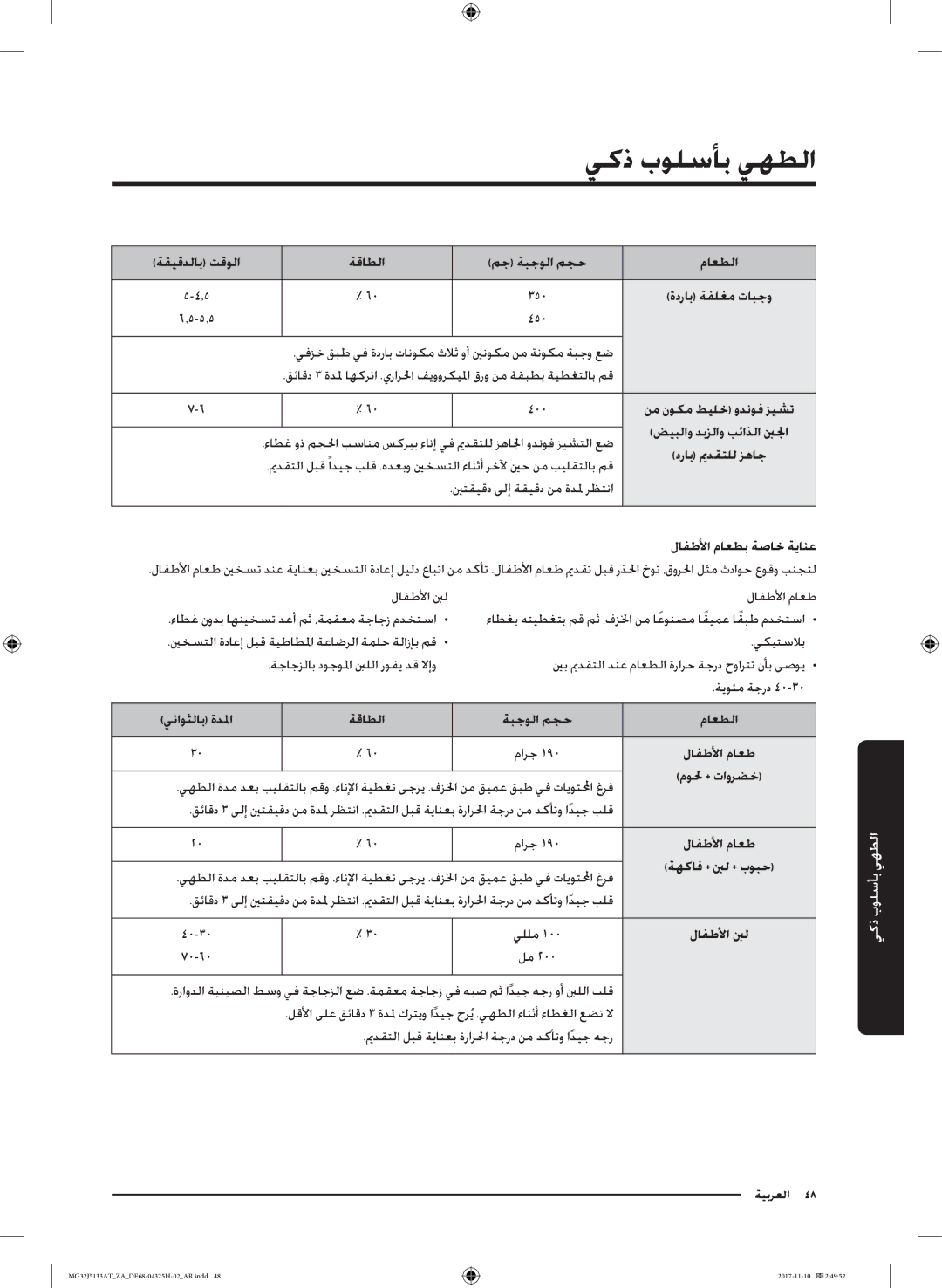 Samsung MG32J5133AT/ZA manual ةدراب ةفلغم تابجو, يفزخ قبط يف ةدراب تانوكم ثلاث وأ يننوكم نم ةنوكم ةبجو عض, لافطلأا ماعط 