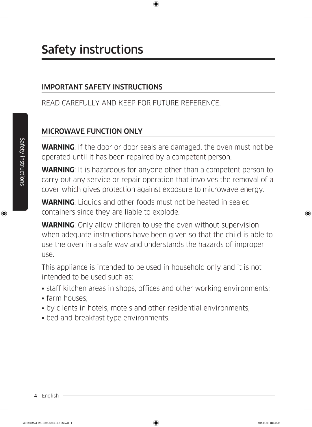 Samsung MG32J5133AT/ZA manual Safety instructions 