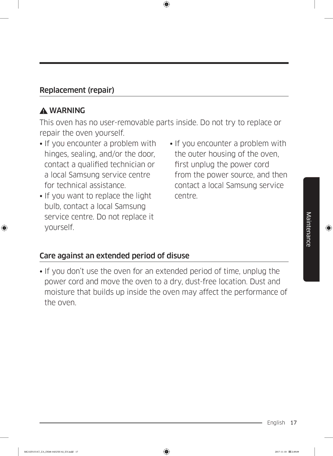 Samsung MG32J5133AT/ZA manual Maintenance 