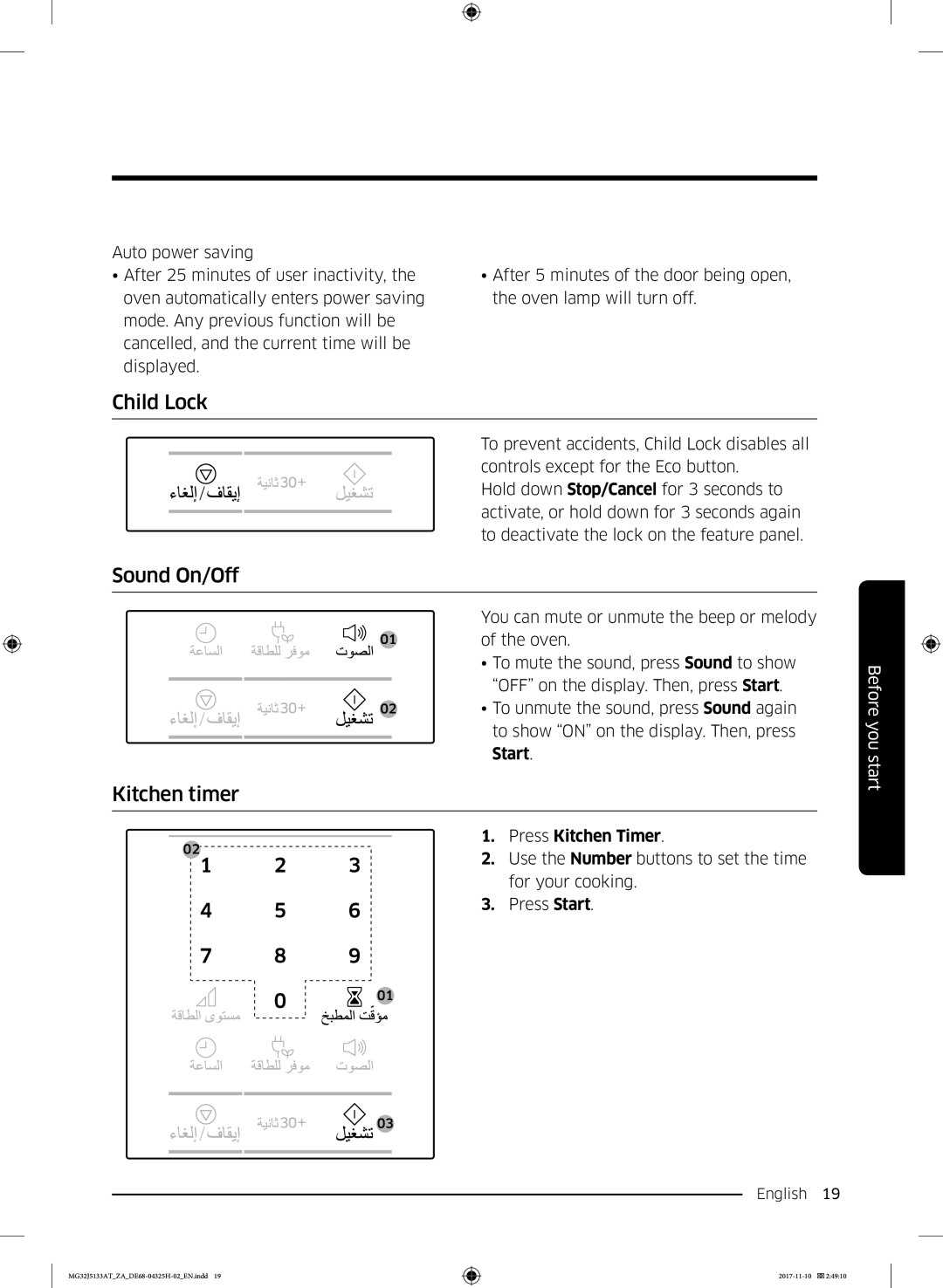 Samsung MG32J5133AT/ZA manual Child Lock, Sound On/Off, Kitchen timer, Start, Press Kitchen Timer 