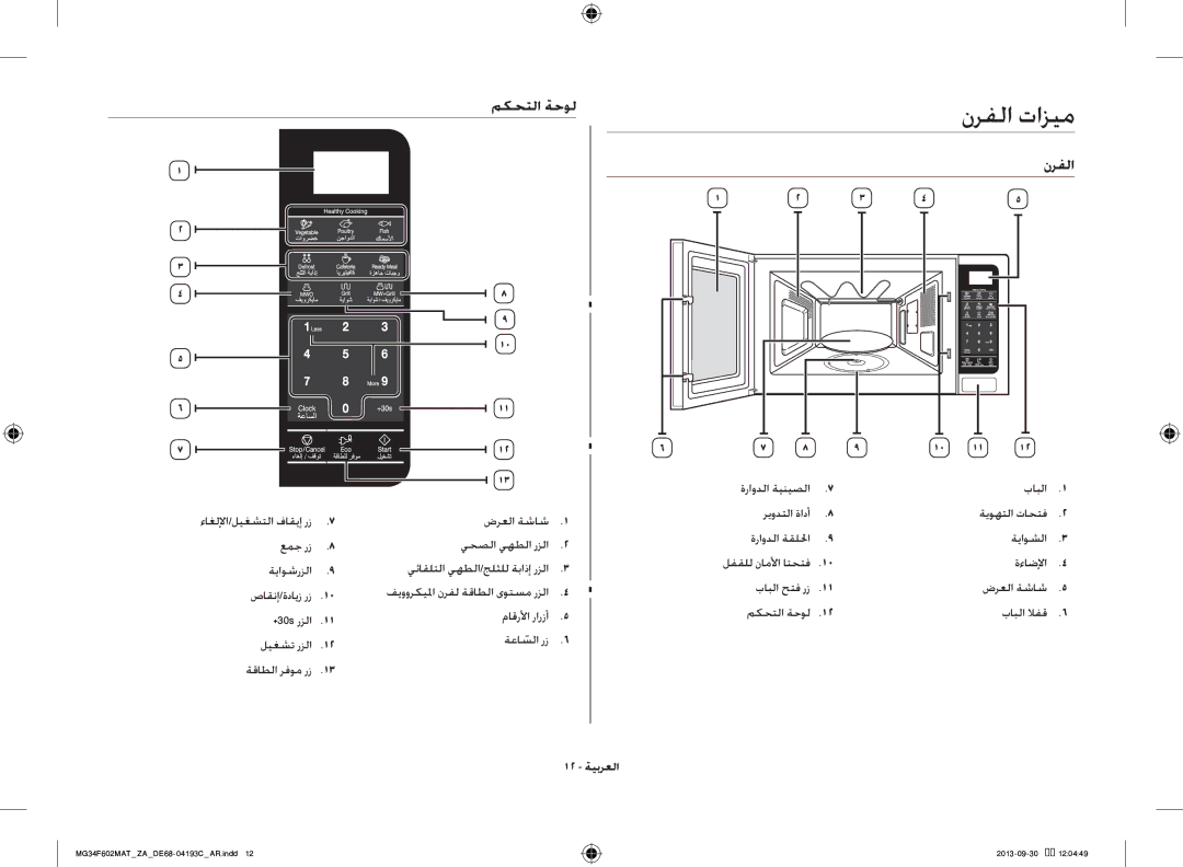 Samsung MG34F602MAT/ZA, MG34F602MAT/YA manual نرفلا تازيم, مكحتلا ةحول 