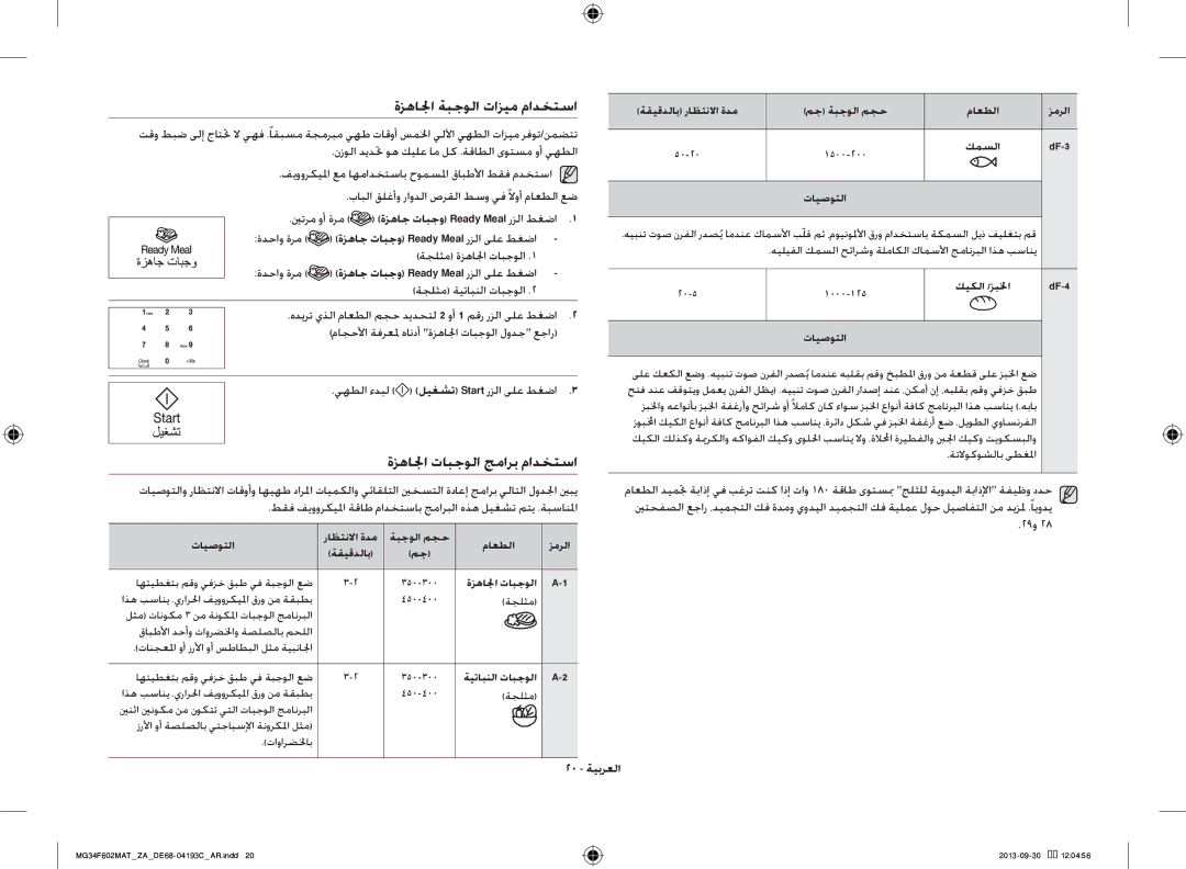 Samsung MG34F602MAT/ZA, MG34F602MAT/YA manual ةزهالجا ةبجولا تازيم مادختسا, ةزهالجا تابجولا جمارب مادختسا, 20 ةيبرعلا 