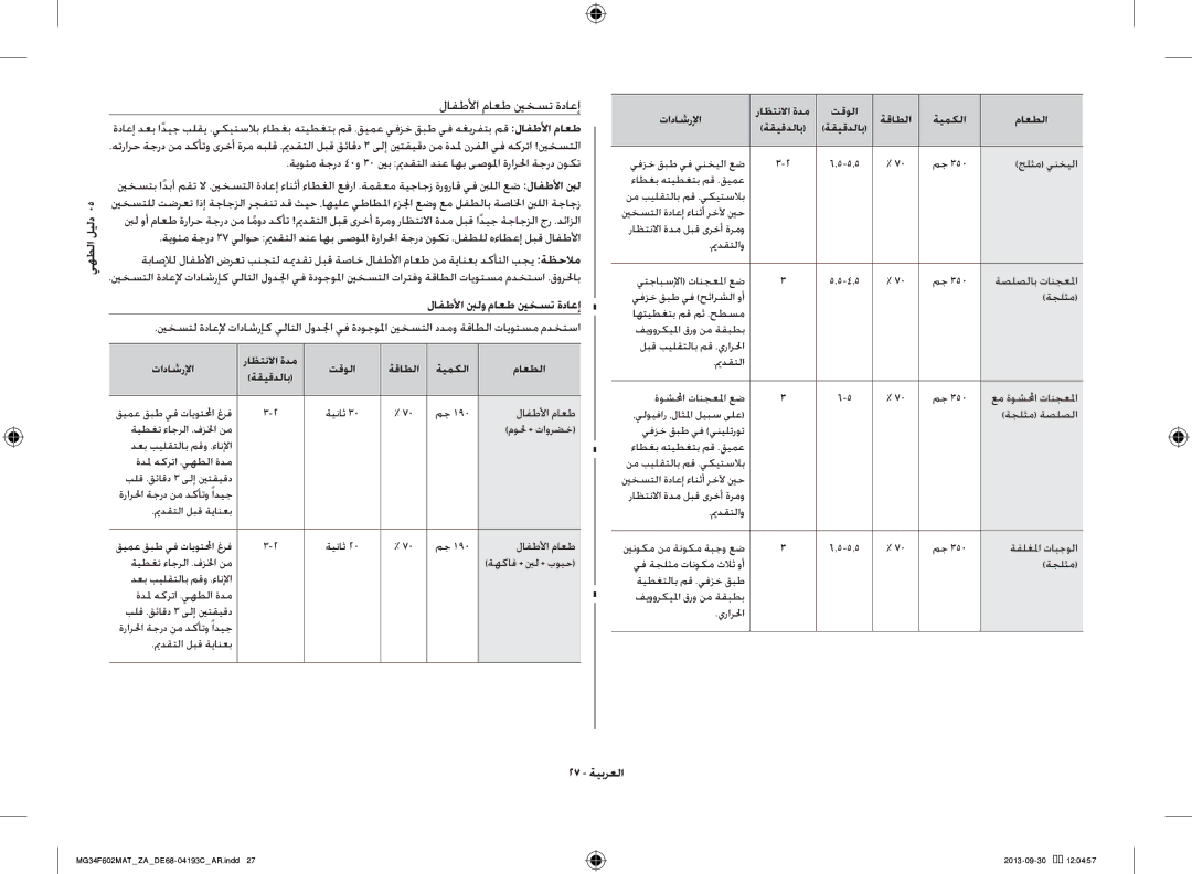 Samsung MG34F602MAT/YA, MG34F602MAT/ZA manual يهطلا ليلد, لافطلأا بنلو ماعط ينخست ةداعإ, 27 ةيبرعلا 