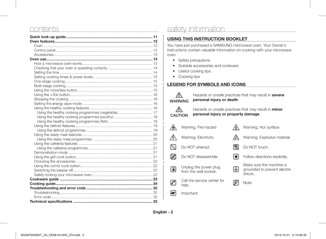 Samsung MG34F602MAT/ZA, MG34F602MAT/YA manual Safety information, Contents 