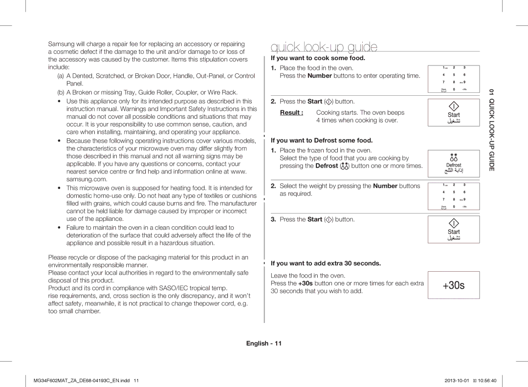 Samsung MG34F602MAT/YA manual Quick look-up guide, If you want to cook some food, If you want to Defrost some food 