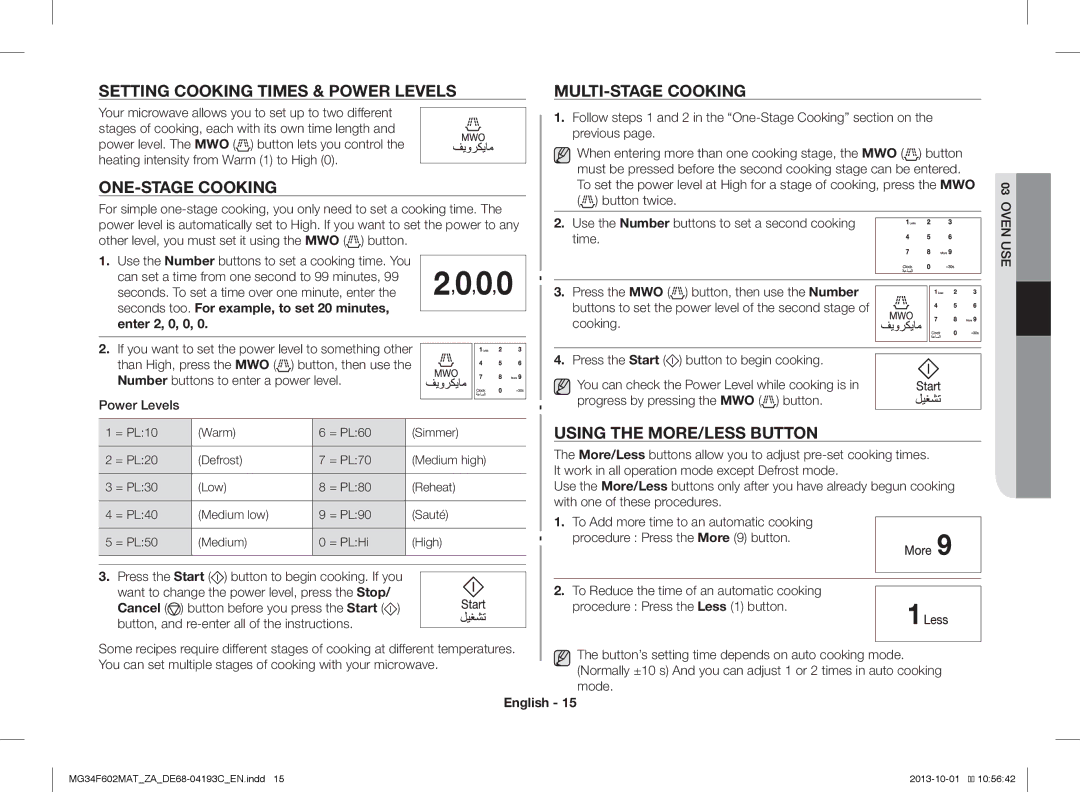 Samsung MG34F602MAT/YA, MG34F602MAT/ZA manual Setting Cooking Times & Power Levels, ONE-STAGE Cooking, MULTI-STAGE Cooking 