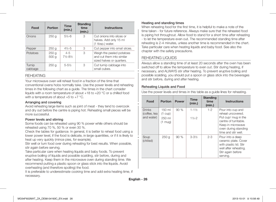 Samsung MG34F602MAT/ZA manual Heating and standing times, Helpful to make a note, Chapter with the safety precautions 