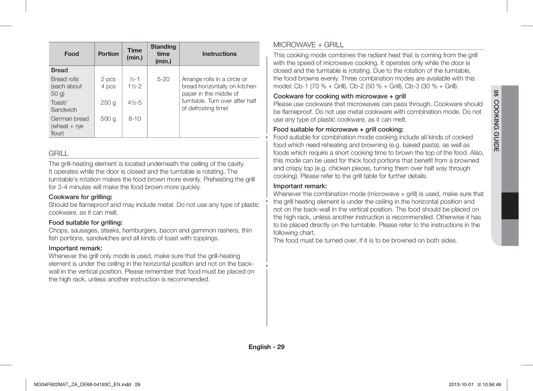 Samsung MG34F602MAT/YA, MG34F602MAT/ZA manual Grill, Time Standing Food Portion Instructions Min 