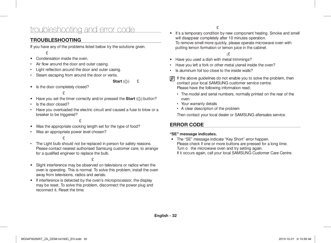 Samsung MG34F602MAT/ZA, MG34F602MAT/YA manual Troubleshooting and error code, Error Code, SE message indicates 