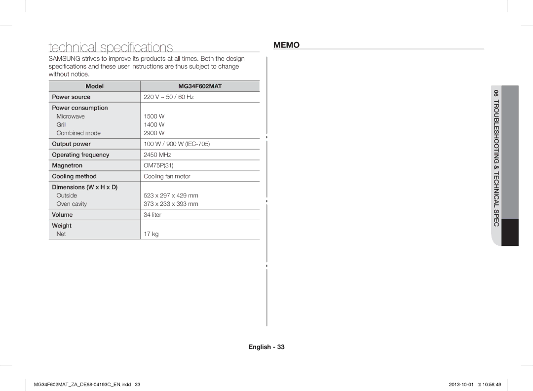 Samsung MG34F602MAT/YA Technical specifications, Memo, User instructions are thus subject to change Without notice, Model 