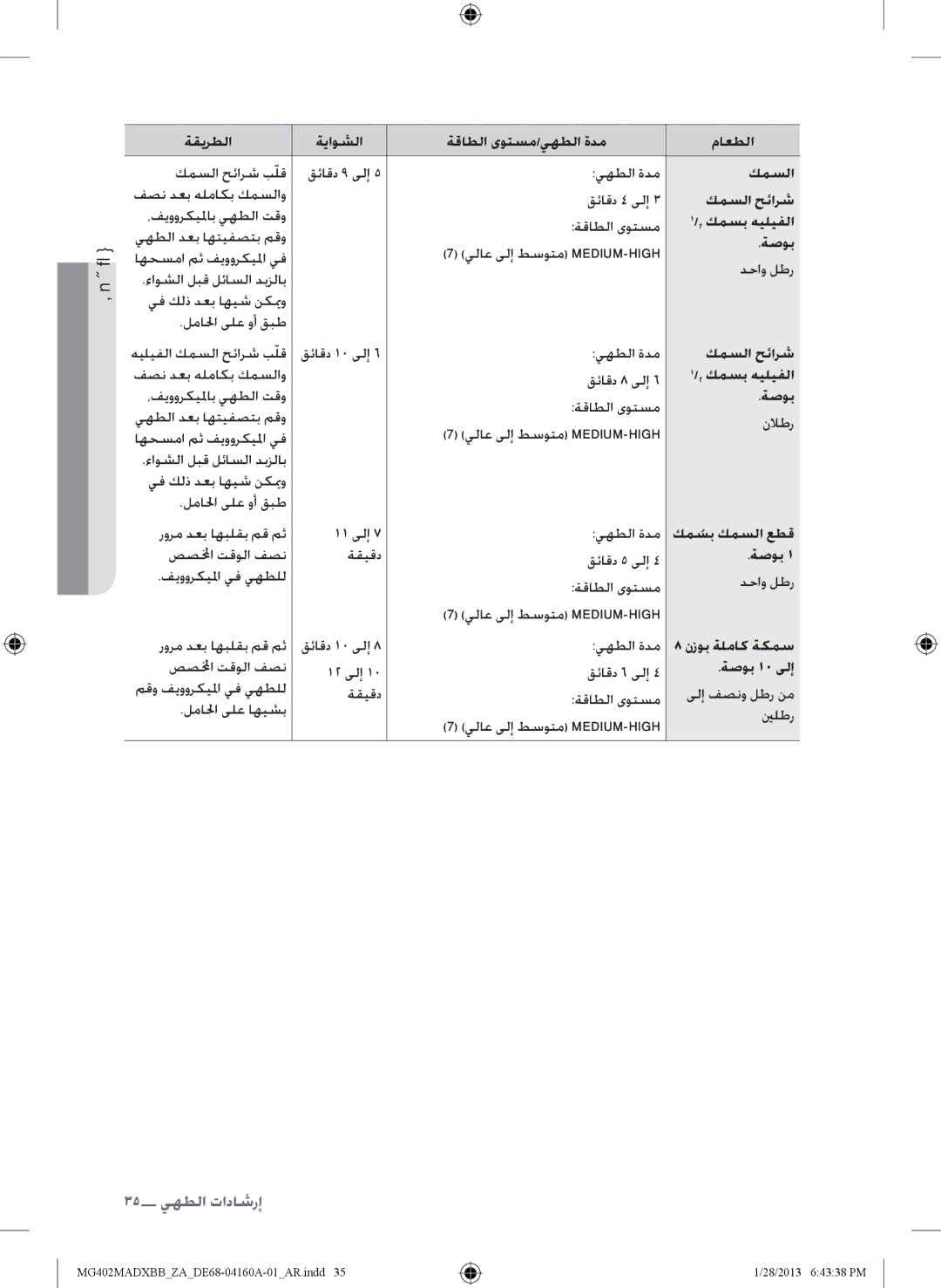 Samsung MG402MADXBB/ZA ةيبرعلا ةقيرطلا ةياوشلا ةقاطلا ىوتسم/يهطلا ةدم ماعطلا, كمسلا حئارش, كمسب هيليفلا, ةصوب 10 ىلإ 