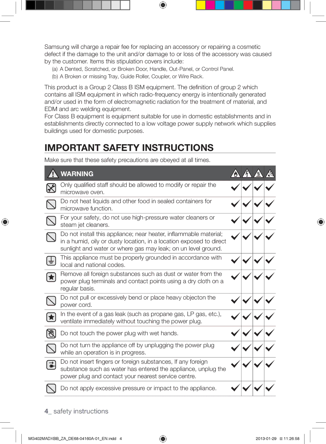 Samsung MG402MADXBB/ZA, MG402MADXBB/SG, MG402MADXBB/YA manual Important Safety Instructions 