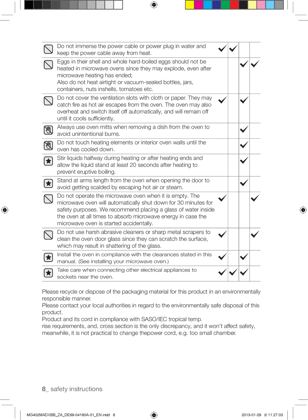 Samsung MG402MADXBB/SG, MG402MADXBB/YA, MG402MADXBB/ZA manual Safety instructions 