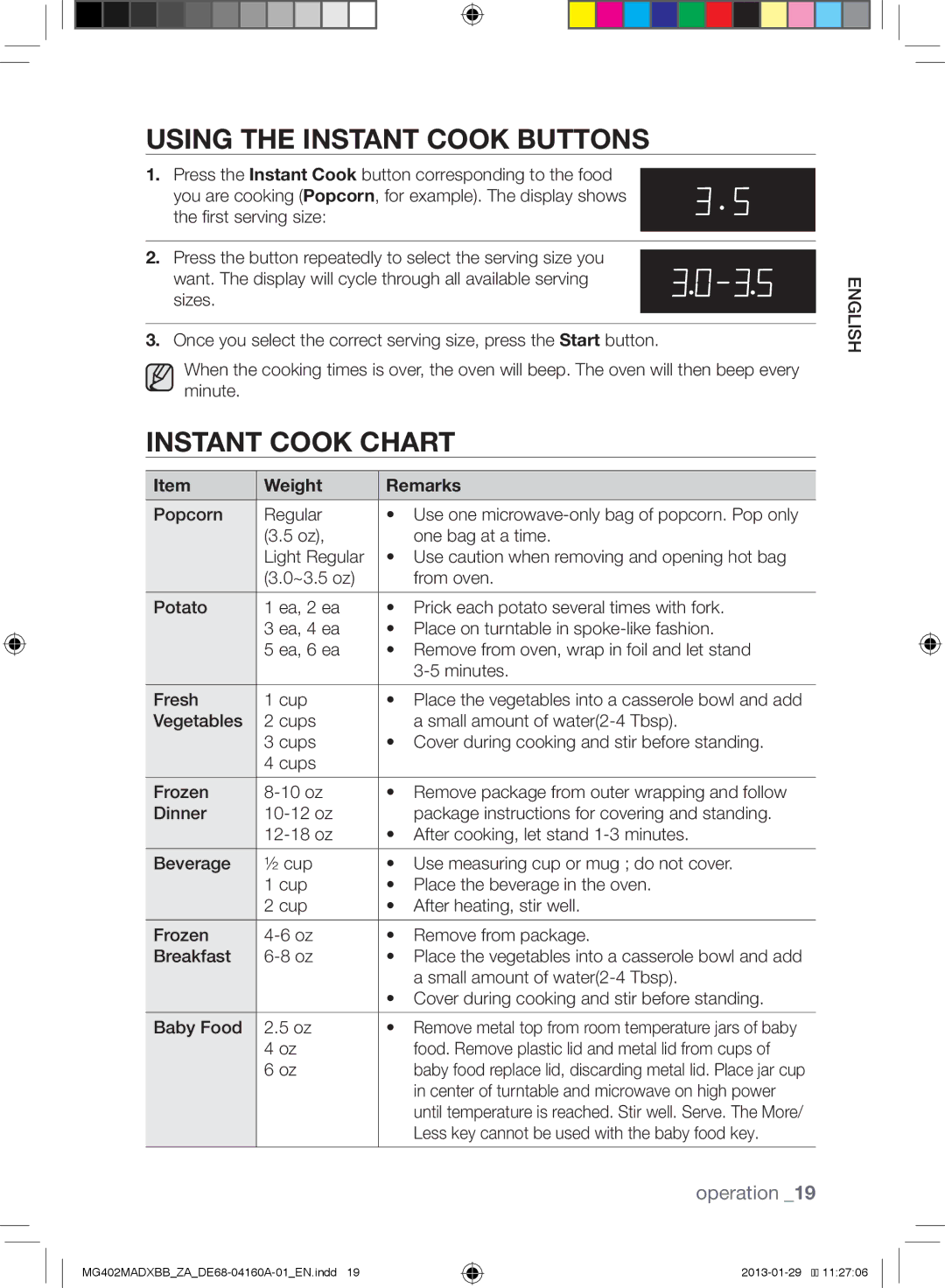 Samsung MG402MADXBB/ZA, MG402MADXBB/SG, MG402MADXBB/YA Using the Instant Cook Buttons, Instant Cook Chart, Weight Remarks 