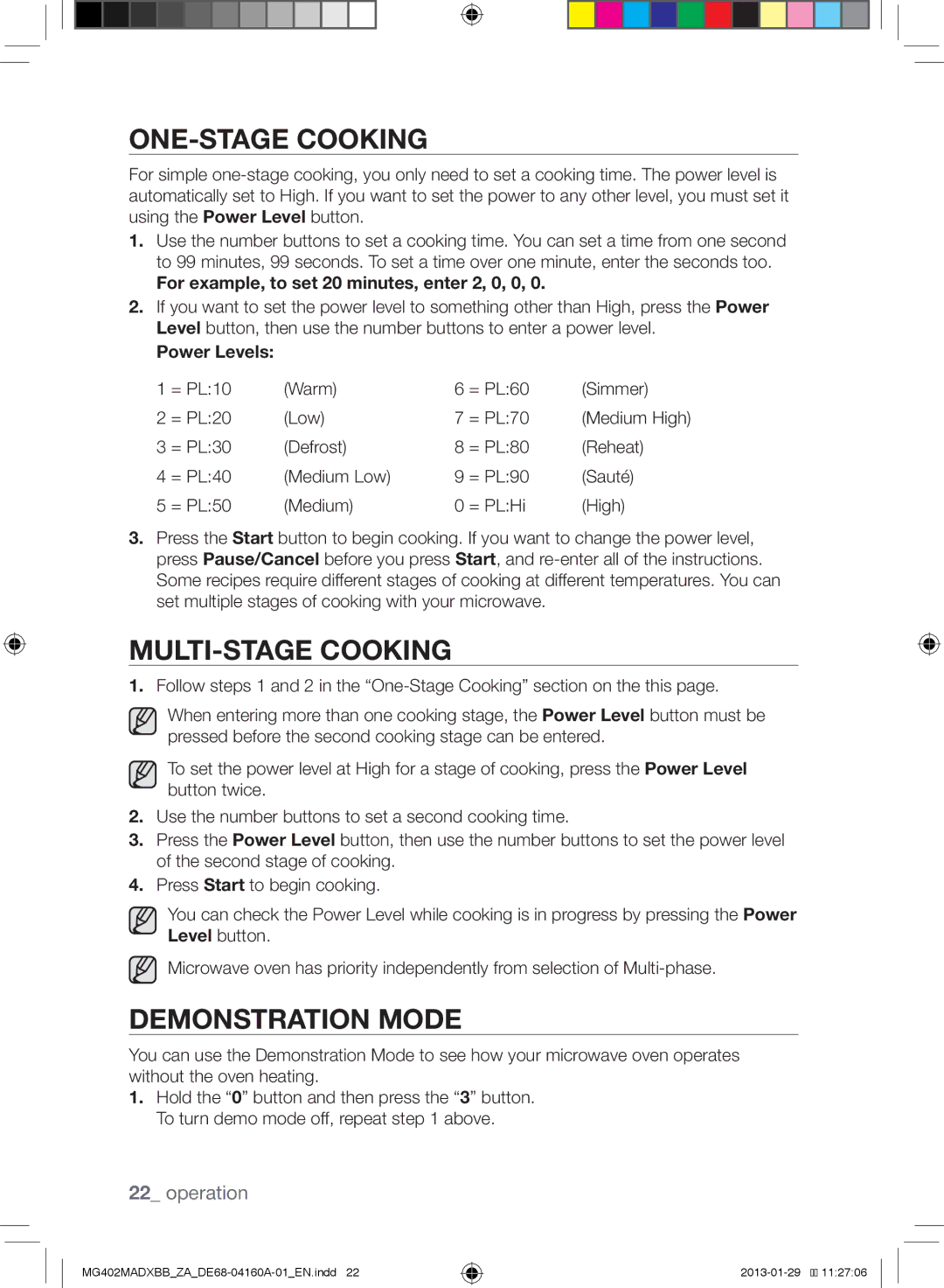 Samsung MG402MADXBB/ZA, MG402MADXBB/SG manual ONE-STAGE Cooking, MULTI-STAGE Cooking, Demonstration Mode, Power Levels 