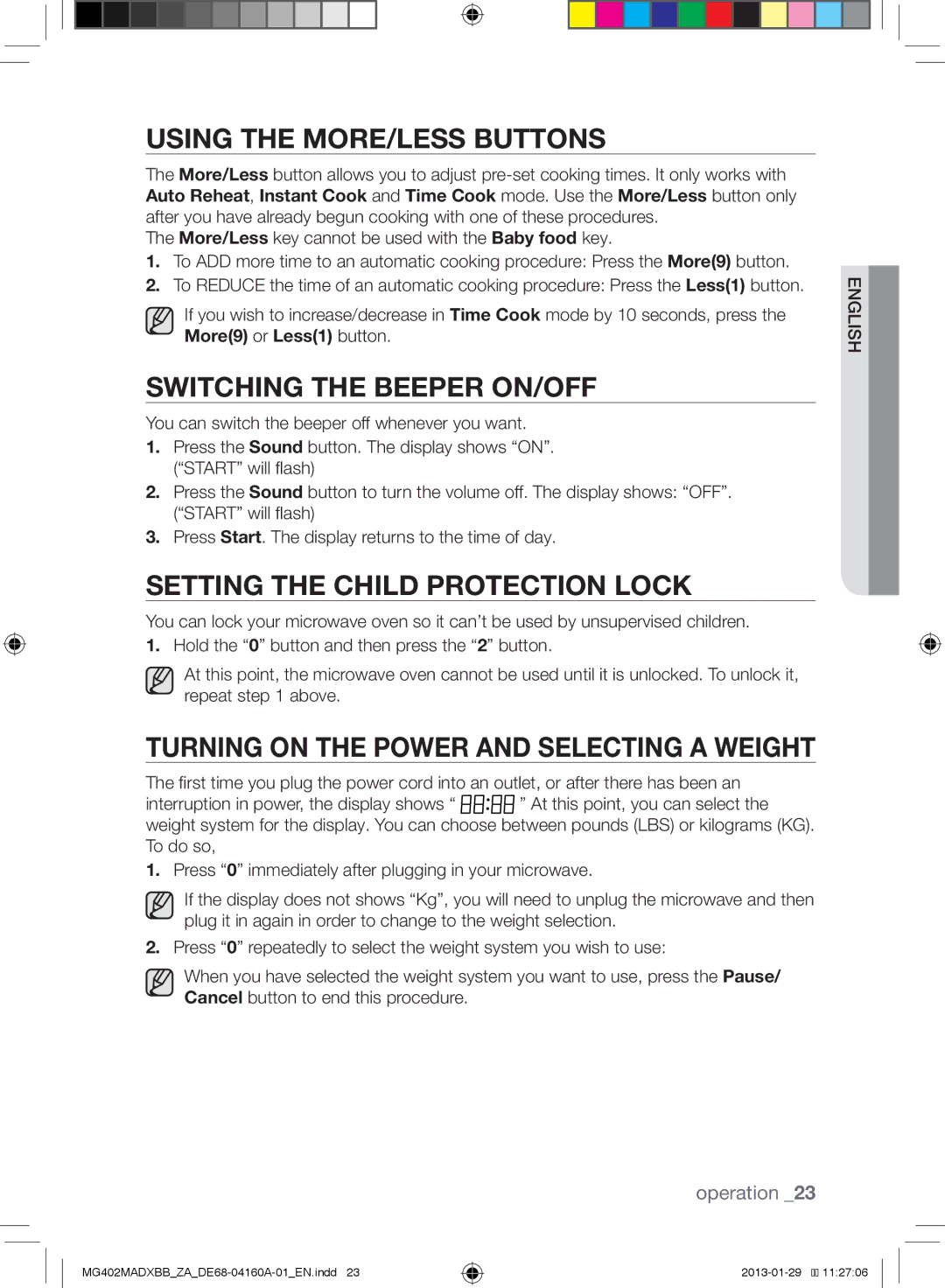 Samsung MG402MADXBB/SG manual Using the MORE/LESS Buttons, Switching the Beeper ON/OFF, Setting the Child Protection Lock 