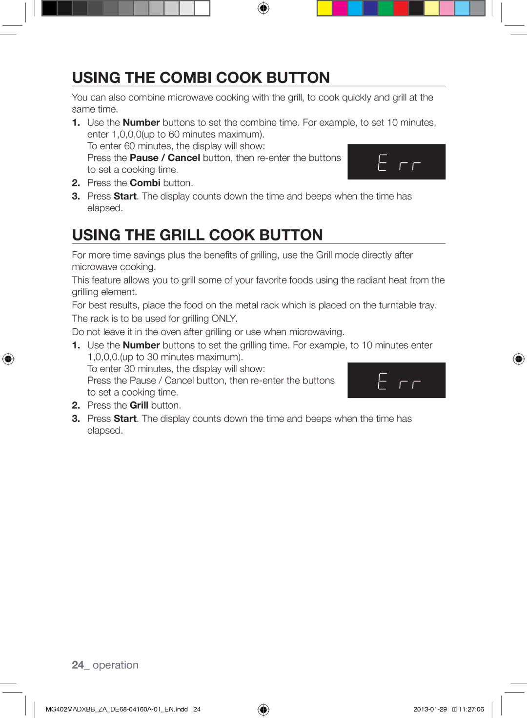 Samsung MG402MADXBB/YA, MG402MADXBB/SG, MG402MADXBB/ZA manual Using the Combi Cook Button, Using the Grill Cook Button 