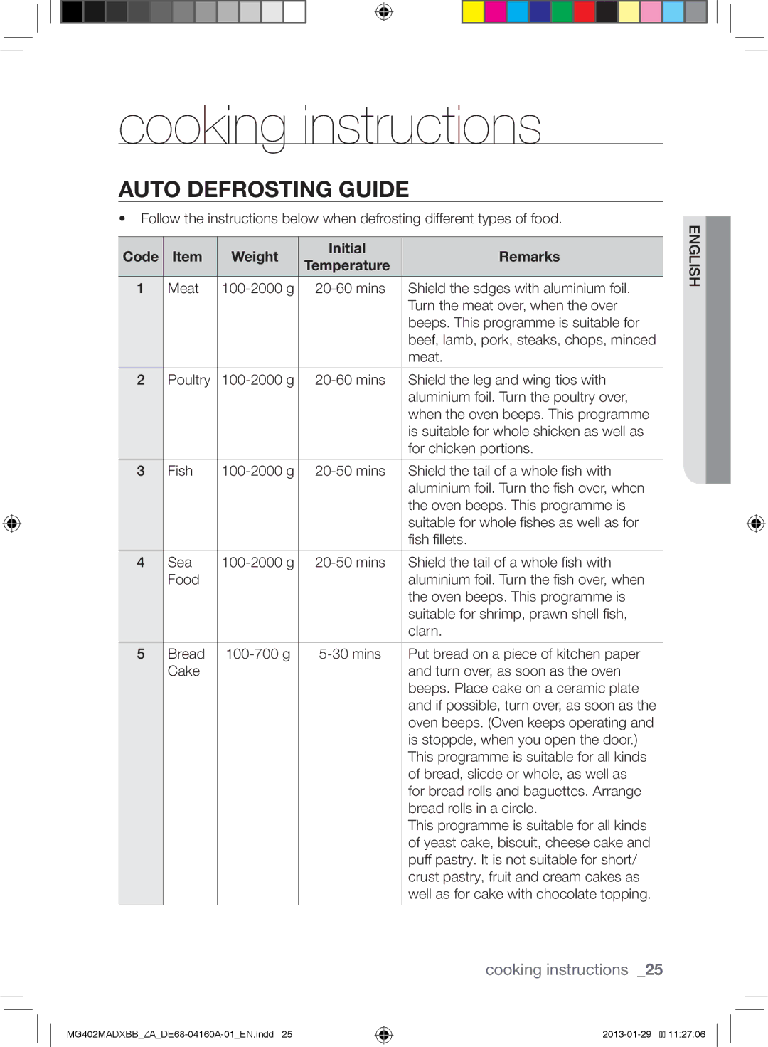 Samsung MG402MADXBB/ZA, MG402MADXBB/SG manual Cooking instructions, Auto Defrosting Guide, Code Weight Initial Remarks 