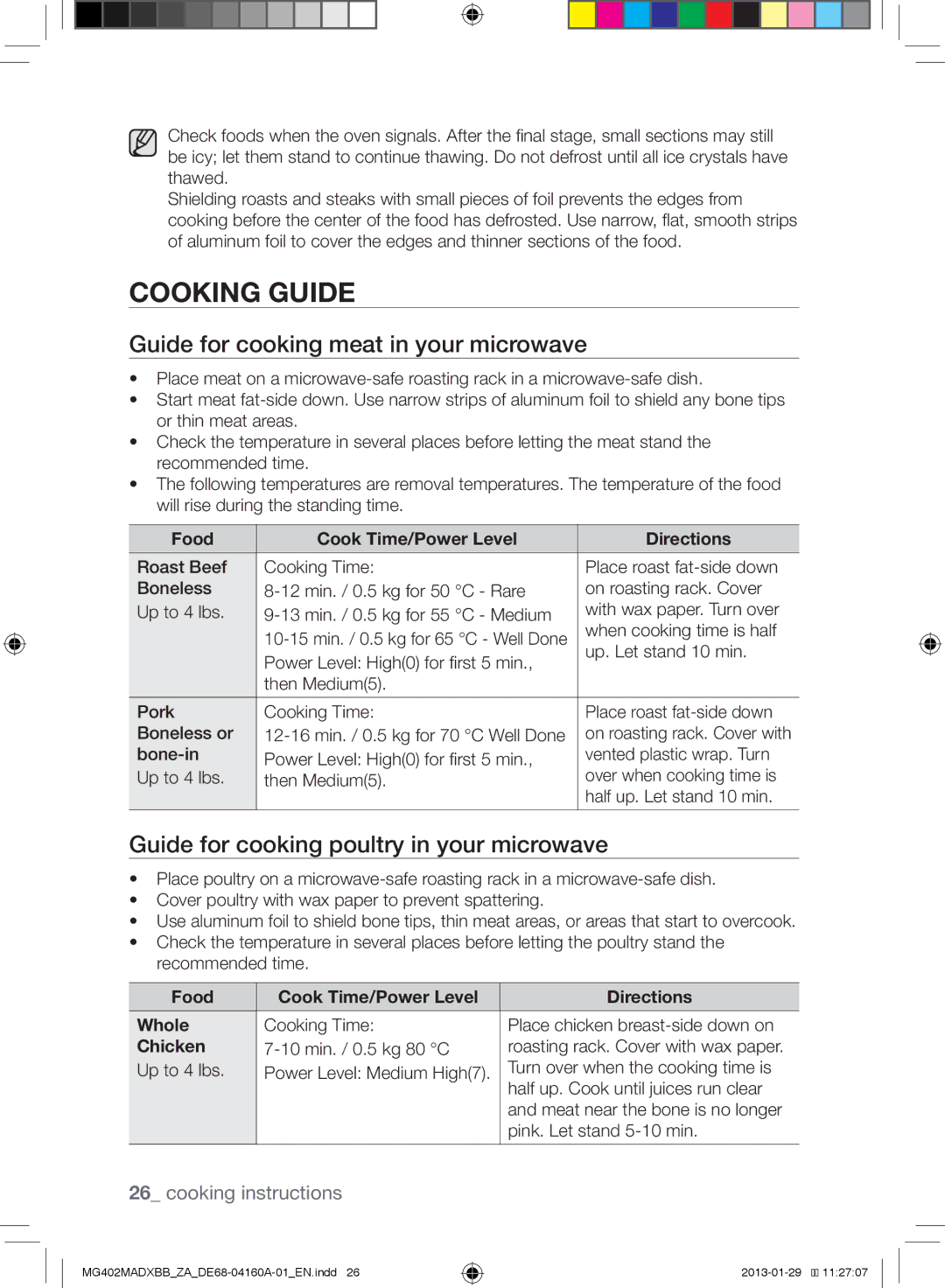 Samsung MG402MADXBB/SG, MG402MADXBB/YA manual Cooking Guide, Food Cook Time/Power Level Directions Whole, Chicken 