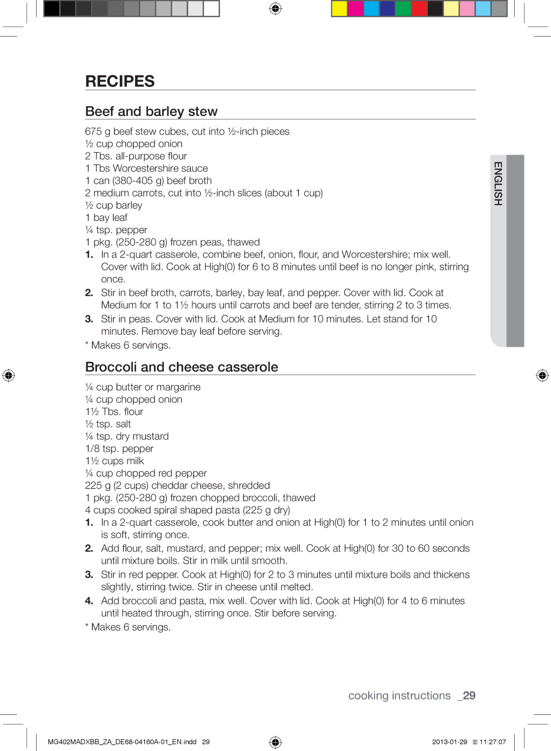 Samsung MG402MADXBB/SG, MG402MADXBB/YA, MG402MADXBB/ZA manual Recipes, Beef and barley stew 