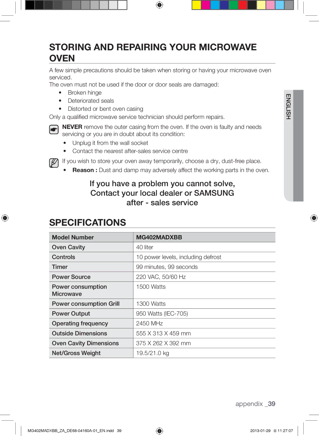 Samsung MG402MADXBB/YA, MG402MADXBB/SG manual Storing and Repairing Your Microwave Oven, Specifications, Model Number 