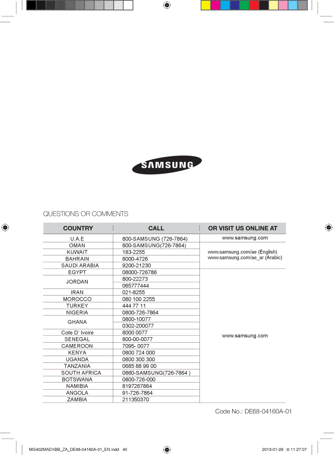 Samsung MG402MADXBB/ZA, MG402MADXBB/SG, MG402MADXBB/YA manual Code No. DE68-04160A-01 