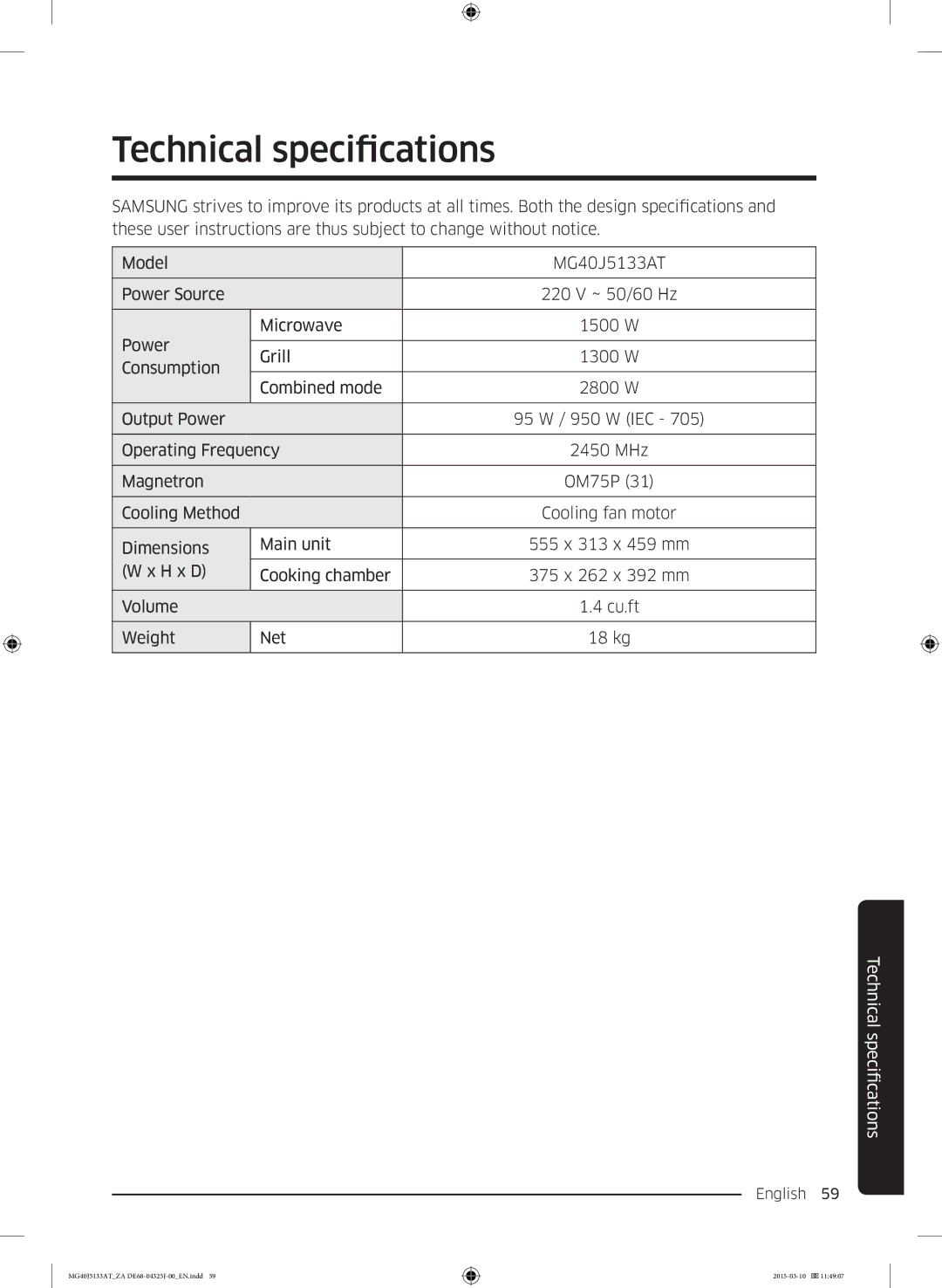 Samsung MG40J5133AT/ZA manual Technical specifications 