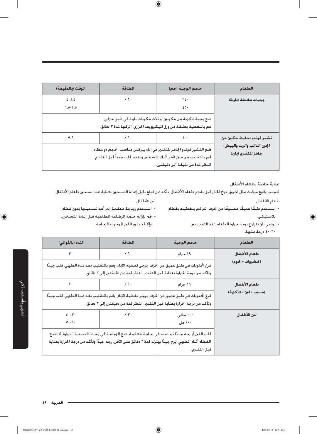 Samsung MG40J5133AT/ZA manual ةدراب ةفلغم تابجو, لافطلأا ماعطب ةصاخ ةيانع, ةقاطلا ةبجولا مجح ماعطلا, لافطلأا بنل 