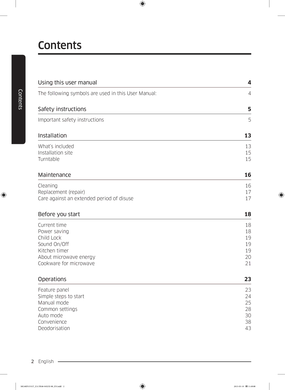 Samsung MG40J5133AT/ZA manual Contents 