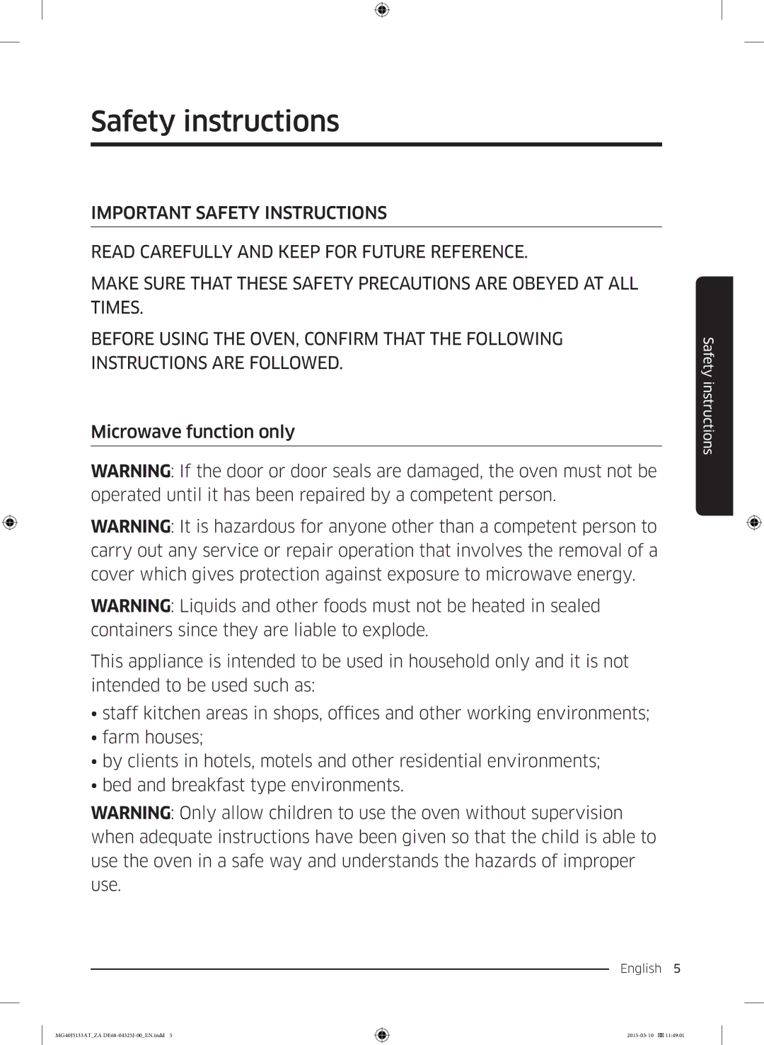 Samsung MG40J5133AT/ZA manual Safety instructions 