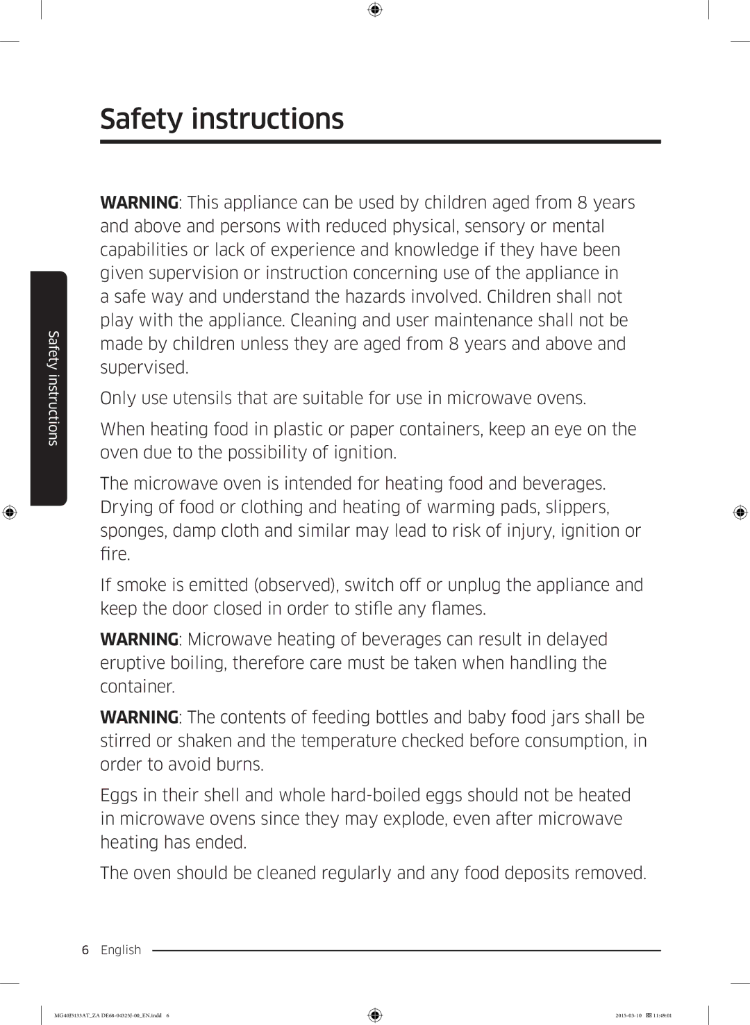 Samsung MG40J5133AT/ZA manual Safety instructions 