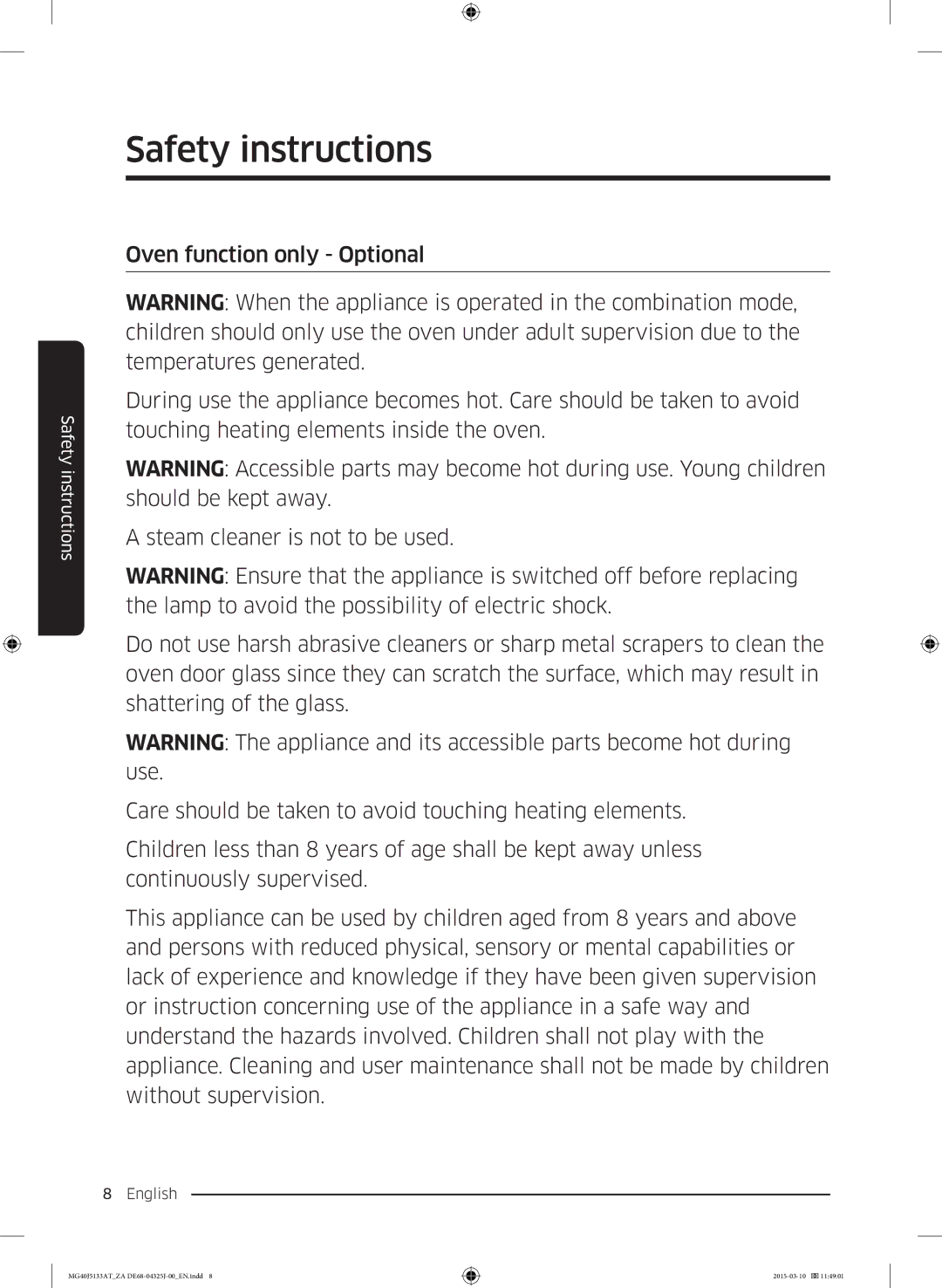 Samsung MG40J5133AT/ZA manual Safety instructions 