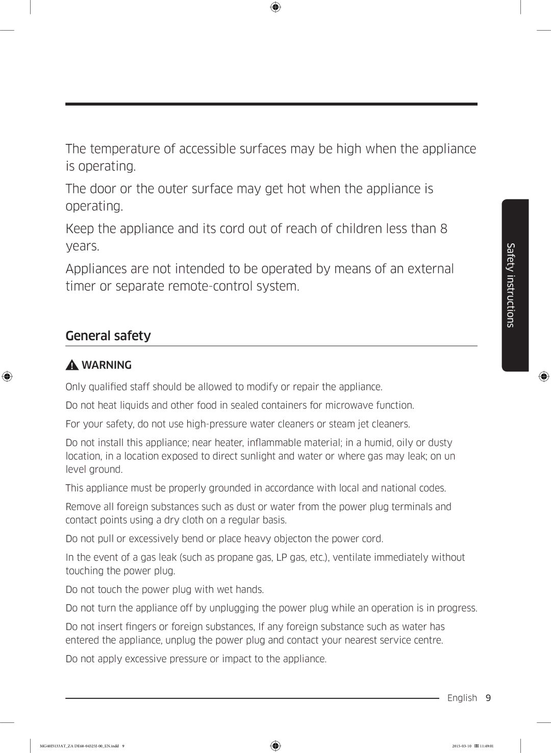 Samsung MG40J5133AT/ZA manual Safety instructions 