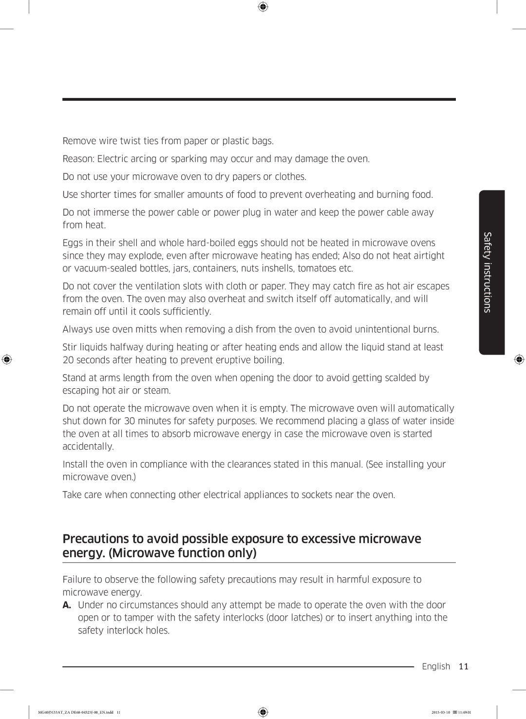 Samsung MG40J5133AT/ZA manual Safety instructions 