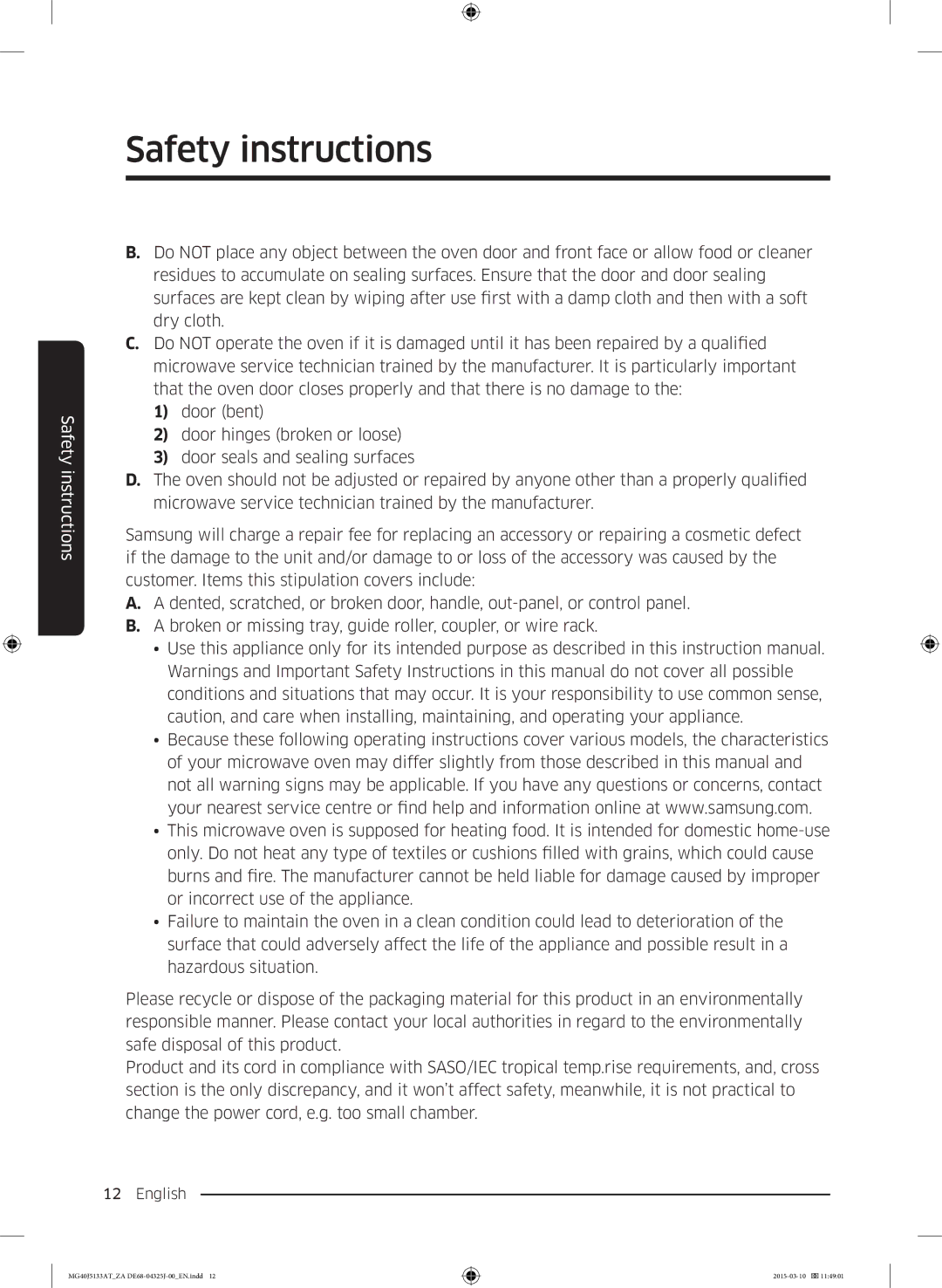 Samsung MG40J5133AT/ZA manual Safety instructions 