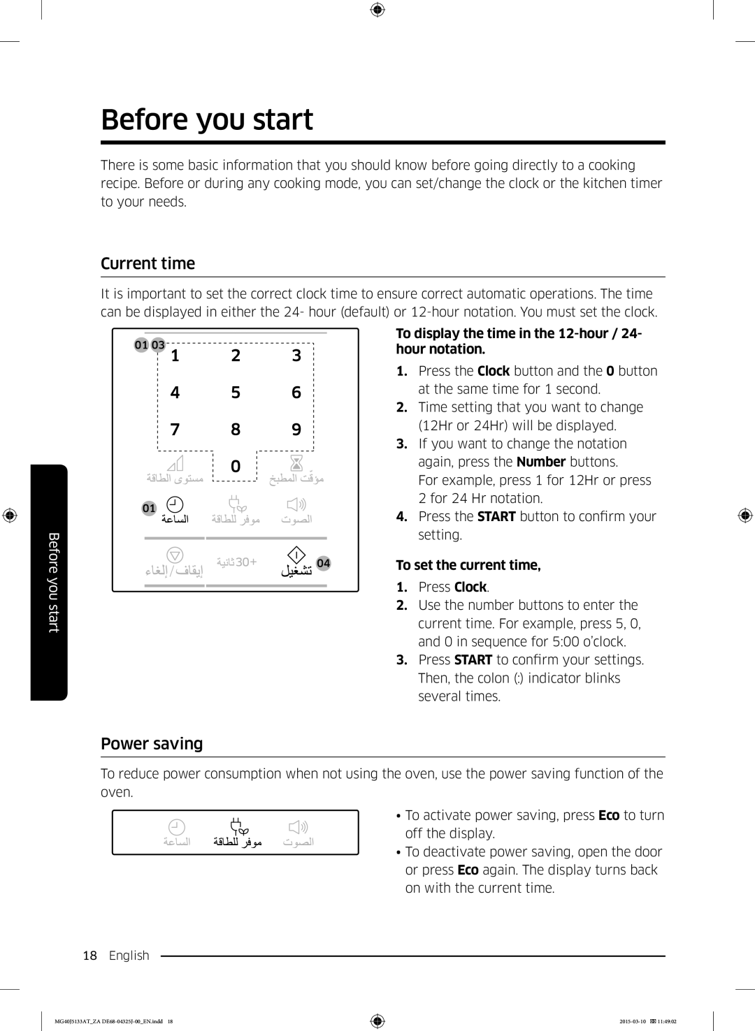 Samsung MG40J5133AT/ZA manual Current time, Power saving, To display the time in the 12-hour, Hour notation 