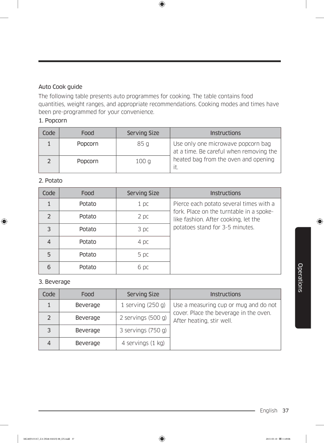 Samsung MG40J5133AT/ZA manual Operations 