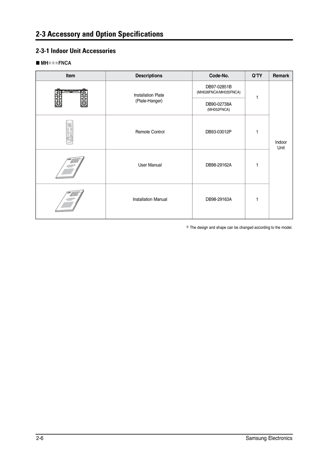 Samsung MH026FNCA service manual Accessory and Option Specifications, Indoor Unit Accessories, QFG0Q 