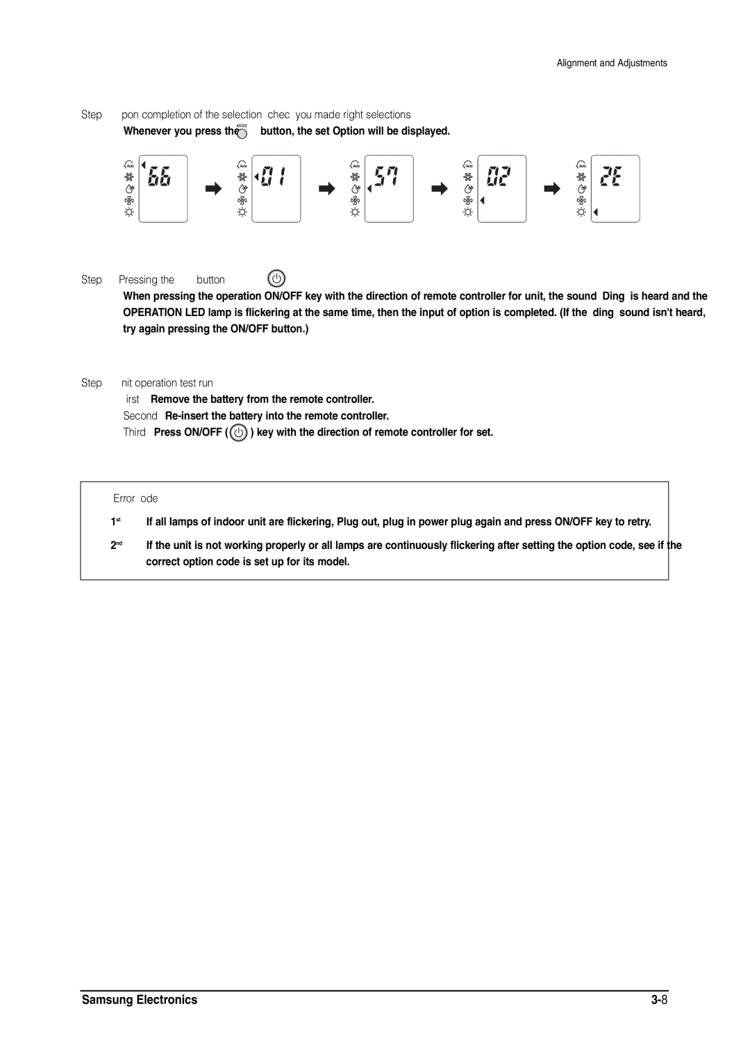 Samsung MH026FNCA service manual Pressing the ON/OFF button, Unit operation test-run, Error Mode 