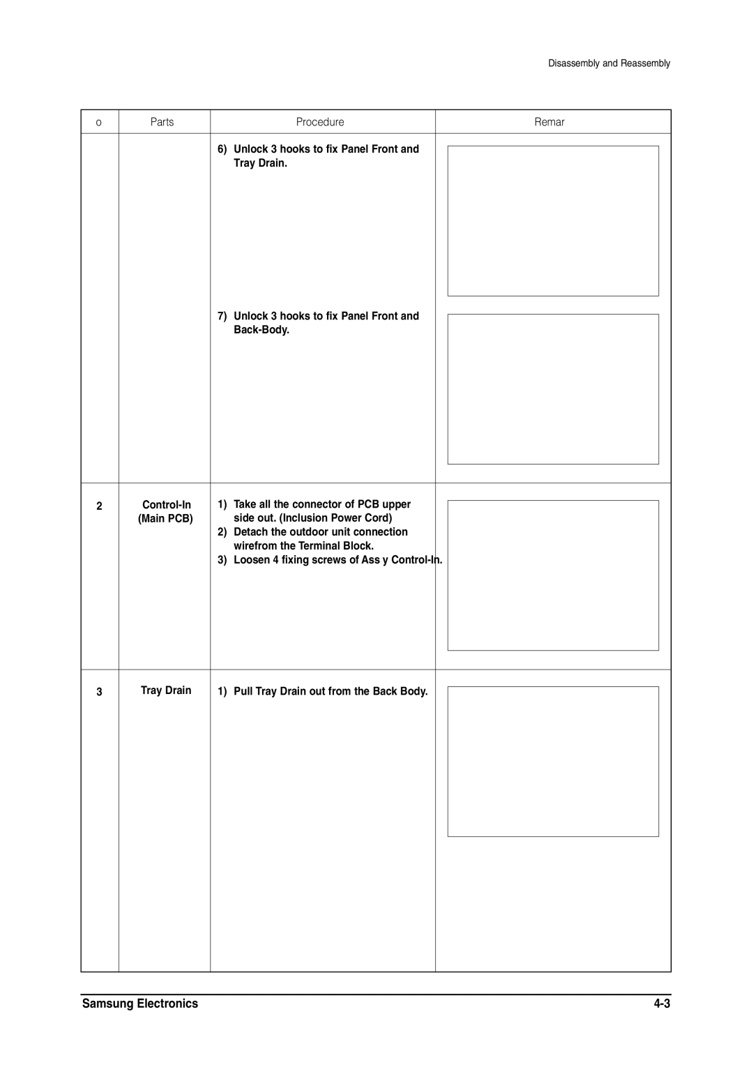 Samsung MH026FNCA service manual Unlock 3 hooks to fix Panel Front Tray Drain Back-Body 