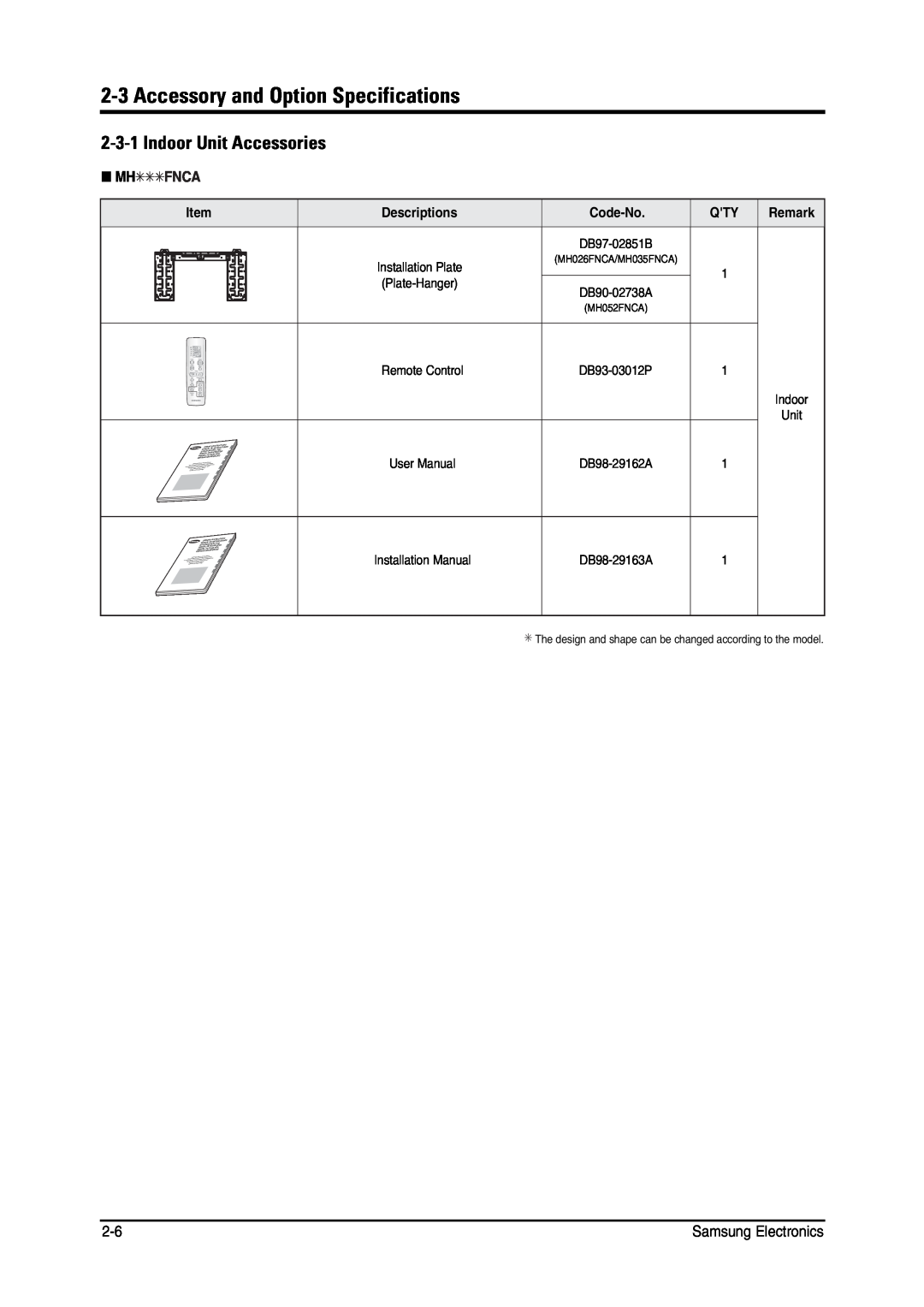 Samsung MH026FNCA 2-3Accessory and Option Specifications, 2-3-1Indoor Unit Accessories, Mhfnca, +Vgo, Guetkrvkqpu, QFG0Q 
