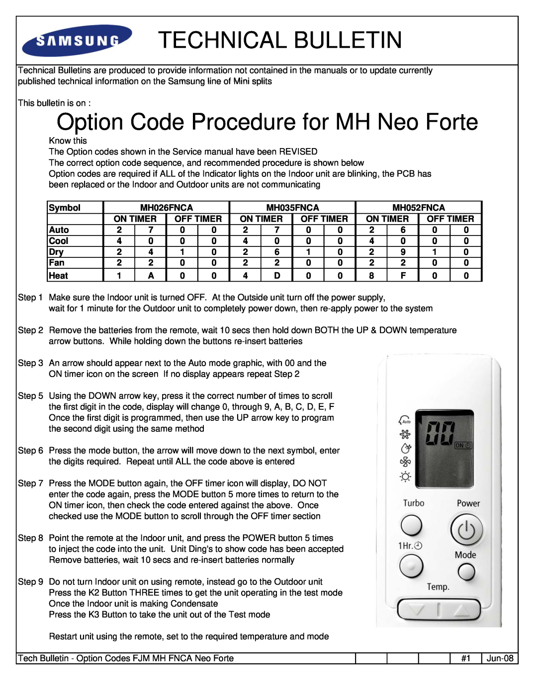 Samsung MH026FNCA service manual Technical Bulletin, Option Code Procedure for MH Neo Forte 